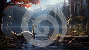 Tranquil landscape with a graceful swan peacefully gliding on the serene waters of a tranquil lake