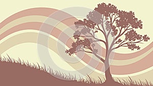 Tranquil Landscape: Lone Tree on Rolling Hills, Rustic Serenity, vector design Generative AI