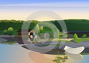 Tranquil landscape with remote house dock and sailing boat on shore of lake in green nature with film noise and