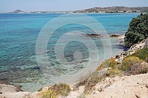 Tranquil landscape with view over the blue sea at Mikri Viglia, Naxos, Greece.