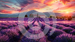 Tranquil lavender fields stretch to the horizon, their purple blooms perfuming the air under a setting sun