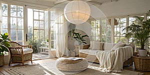 Beige and white textiles with modern spherical pendant light