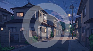 a tranquil lofi street scene at dusk in anime style - generated using ai photo
