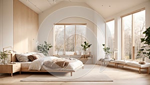 tranquil loft, bedroom with cozy bed and couch. AI generated photo