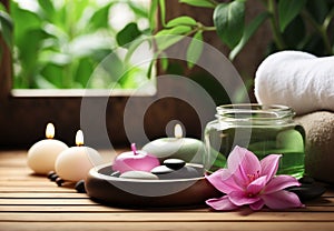 Tranquil Lotus Oasis: Pink Blossoms, Candles, and Leaves