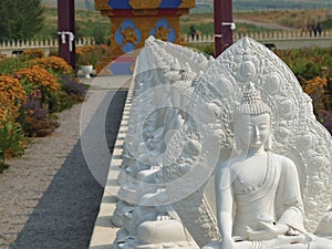 Tranquil and lush garden of 1000 Buddhas in the picturesque Jocko Valley in Western Montana, USA photo