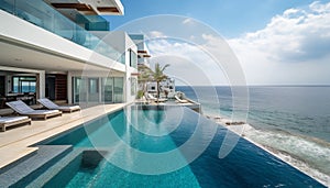 Tranquil luxury at tropical poolside villa with stunning coastal landscape generated by AI