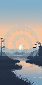 Tranquil Marsh: Minimalistic Nature Illustration For Mobile Wallpaper