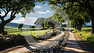 Tranquil meadow, green forest, autumn leaves, country road generated by AI