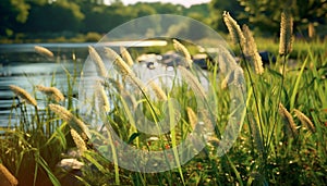 Tranquil meadow, green grass, tree, and sunset generated by AI