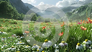 Tranquil meadow, green grass, wildflowers bloom, nature beauty unfolds photo