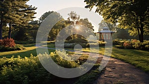 Tranquil meadow, green grass, yellow flowers, sunset over formal garden generated by AI