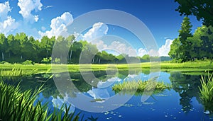 Tranquil meadow, green trees, blue sky, reflecting in pond
