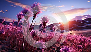 Tranquil meadow, purple flowers, sunset sky, nature beauty unfolds generated by AI