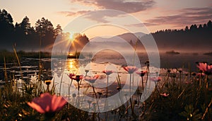 Tranquil meadow reflects sunset beauty, nature serene summer symphony generated by AI