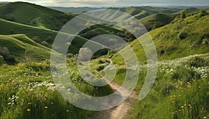 Tranquil meadow, rolling landscape, mountain range, horizon over land generated by AI