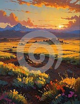 Tranquil meadow at sunset. a digital painting of a vast field bursting with colorful flowers at sunset