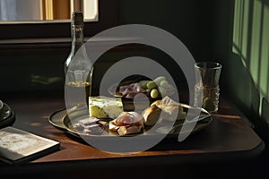 a tranquil meal setting with cheese, meat, bread, grapes, and wine on a wooden table, illuminated by soft sunlight, ai generative