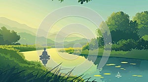 Tranquil Meditation by River in Lush Landscape