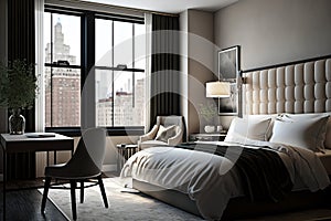 Tranquil Minimalist Bedroom: Pristine Linens, Floating Shelves, and Striking Headboard