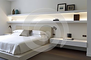 Tranquil Minimalist Bedroom: Pristine Linens, Floating Shelves, and Striking Headboard
