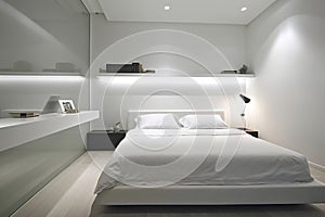 Tranquil Minimalist Bedroom: Pristine Linens, Floating Shelves, and Striking Headboard