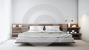 Tranquil Minimalist Bedroom: Pristine Linens, Floating Shelves, and Striking Headboard