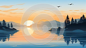 Tranquil minimalistic illustration capturing the serene beauty of a summer sunrise by the lake