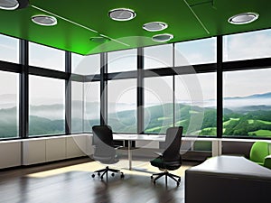 Tranquil Modern Office: Panoramic View of Lush Green Hills photo