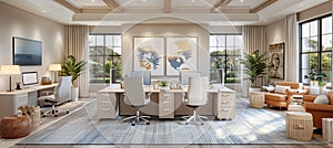 Tranquil modern office scene with softened corporate landscape and light blue accents photo