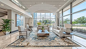 Tranquil modern office softened corporate landscape with delicate light blue accents photo