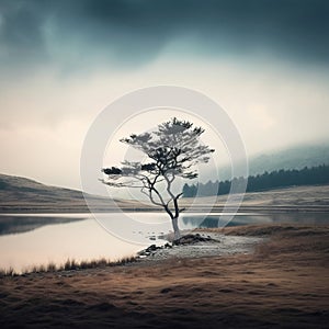 Tranquil Moorland Landscape With Minimalist Lake And Tree Design