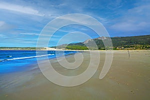 Tranquil morning empty sand beach scene, low tide, natural green hills, blue sky - Zahara de los Atunes, Costa de la luz, Spain photo