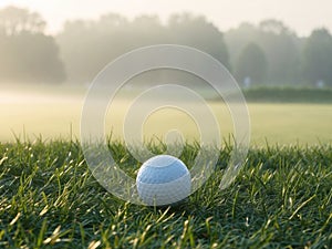 A Tranquil Morning on the Golf Course With a Pristine Golf Ball Resting in Lush Green Grass Under Soft Sunlight. photo