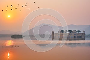 Tranquil morning at Jal Mahal Water Palace at sunrise in Jaipur. Rajasthan, India