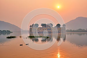 Tranquil morning at Jal Mahal Water Palace at sunrise in Jaipur. Rajasthan, India