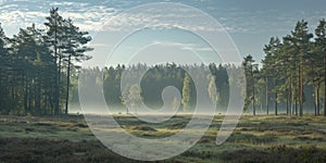 Tranquil Morning Mist Over Serene Forest Landscape