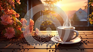 A tranquil morning moment with a cup of coffee ultra realistic illustration - Generative AI.