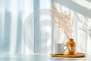 Tranquil morning scene with coffee mug and pampas grass by window