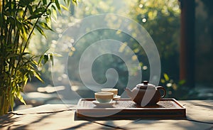 Tranquil morning tea setting with teapot and cups surrounded by lush greenery outdoors