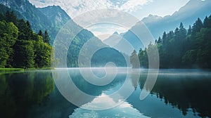 Tranquil Mountain Lake Reflection with Summer Mist and Dense Trees in Distance