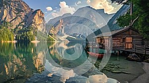 Tranquil Mountain Lake with Wooden Hut