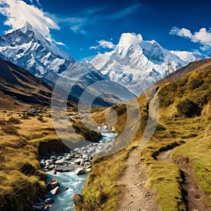 Tranquil mountain landscape with hiking trails leading to snow-capped peaks on a cloudless day photo