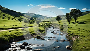 Tranquil mountain meadow reflects blue sky, green grass, and flowing water generated by AI