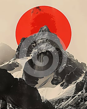 Tranquil Mountain Serenity: Japanese Abstract Digital Collage Showcasing Geometric Circle and Crimson Red Summit