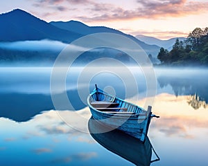 tranquil and mystical scene of a boat on a misty lake at dawn.