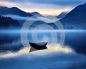 tranquil and mystical scene of a boat on a misty lake at dawn.