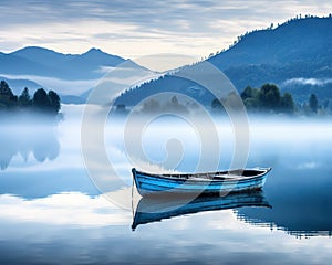 tranquil and mystical scene of a boat on a misty lake at dawn.