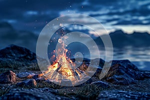 Tranquil Nature Scene with Campfire Blaze at Twilight Along Rocky Terrain Against Misty Mountain Background