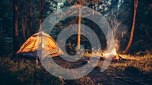 Tranquil night camping in the serene forest with tent and bonfire under the starry night sky